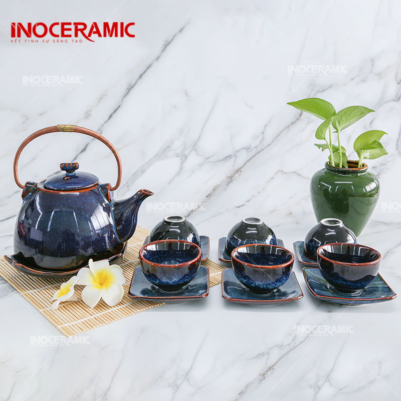 Bộ Trà Quai Đồng Men Xanh Hỏa Biến 4