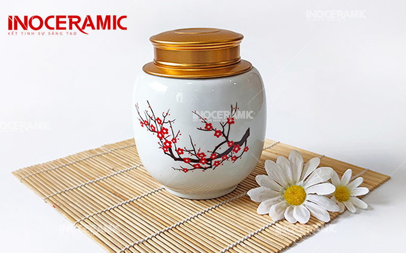 Hũ Đựng Trà Men Trắng Hoa Đào - Hũ đựng trà gốm sứ Bát Tràng