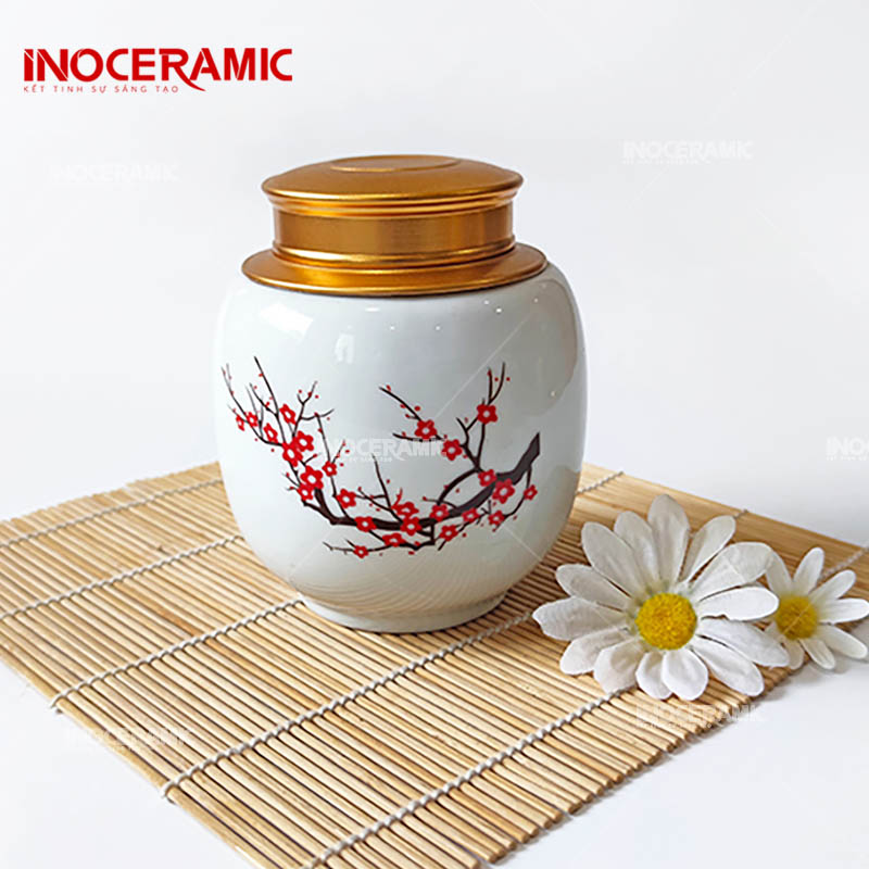 Hũ Đựng Trà Men Trắng Hoa Đào