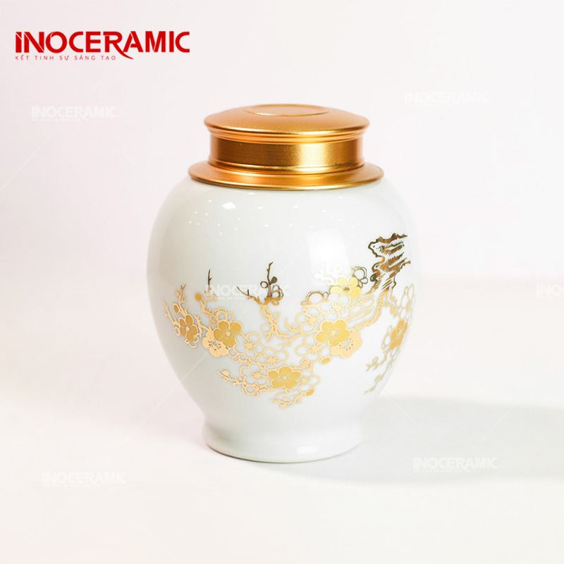 Hũ Đựng Trà Men Trắng Mai Vàng