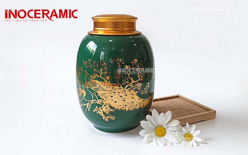 Hũ Đựng Trà Men Xanh Ngọc Khổng Tước 2 - Gốm sứ Bát Tràng