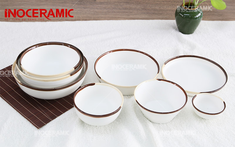 Bộ Bàn Ăn Matt Trắng Kẻ Miệng - Bộ Bát Đĩa Bát Tràng