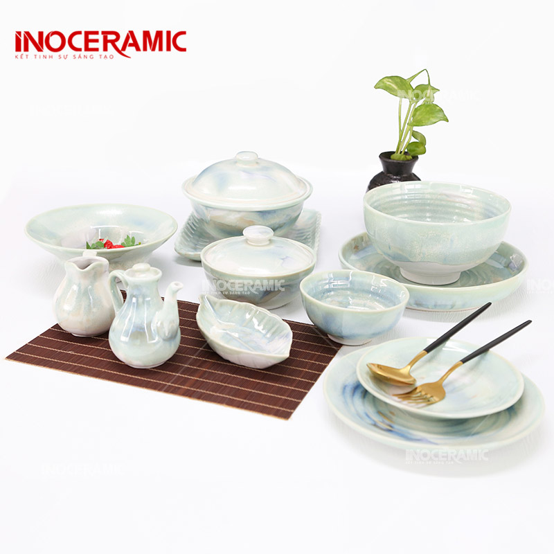Bộ Bàn Ăn Men Hỏa Biến Ngọc Trai - Bộ bát đĩa Bát Tràng
