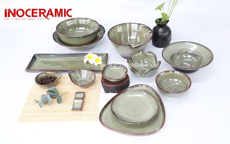 Bộ Bàn Ăn Men Hỏa Biến Ngọc Xanh - Bộ Bát Đĩa Bát Tràng