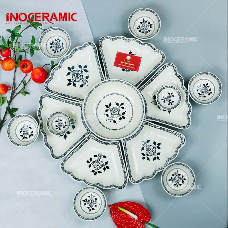 Bộ Bát Đĩa Hoa Mặt Trời Mộc Cầu Men Đen