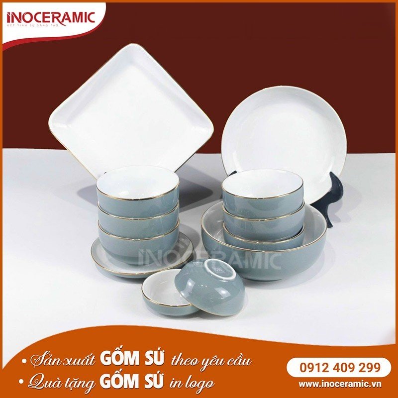 Bộ Bát Đĩa Men Ghi Đá 12 Món