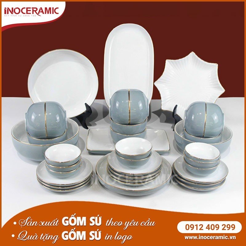 Bộ Bát Đĩa Men Ghi Đá 35 Món - Bộ bát đĩa gốm sứ Bát Tràng cao cấp