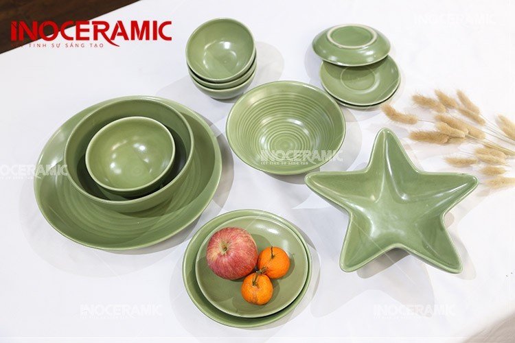 Bộ Bàn Ăn Men Màu Xanh Cốm - Bộ bát đĩa Bát Tràng cao cấp