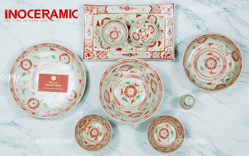 Bộ Bát Đĩa Men Rạn Cúc Đỏ - Bộ Bàn Ăn gốm sứ Bát Tràng