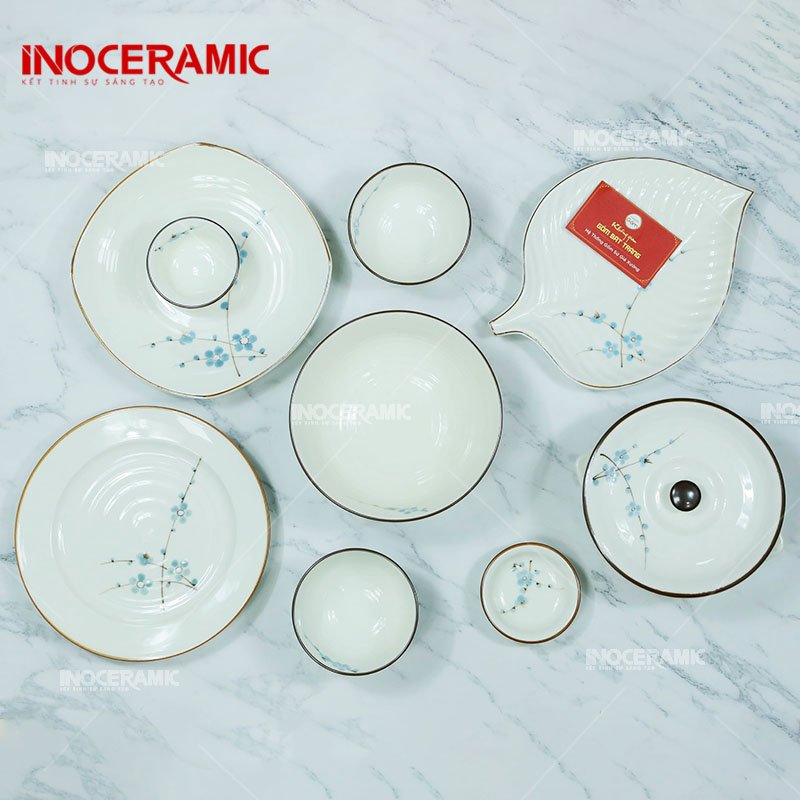 Bộ Bát Đĩa Vẽ Đào Xanh - Bộ bàn ăn gốm sứ Bát Tràng