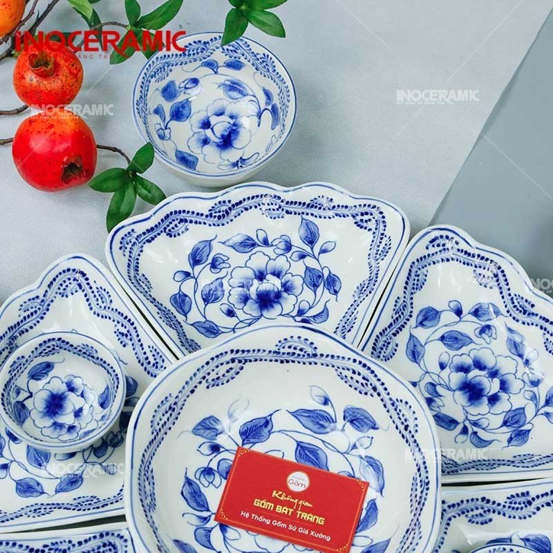 Bộ Hoa Mặt Trời Hoa Phù Dung Xanh -  Bộ bát đĩa gốm sứ Bát Tràng