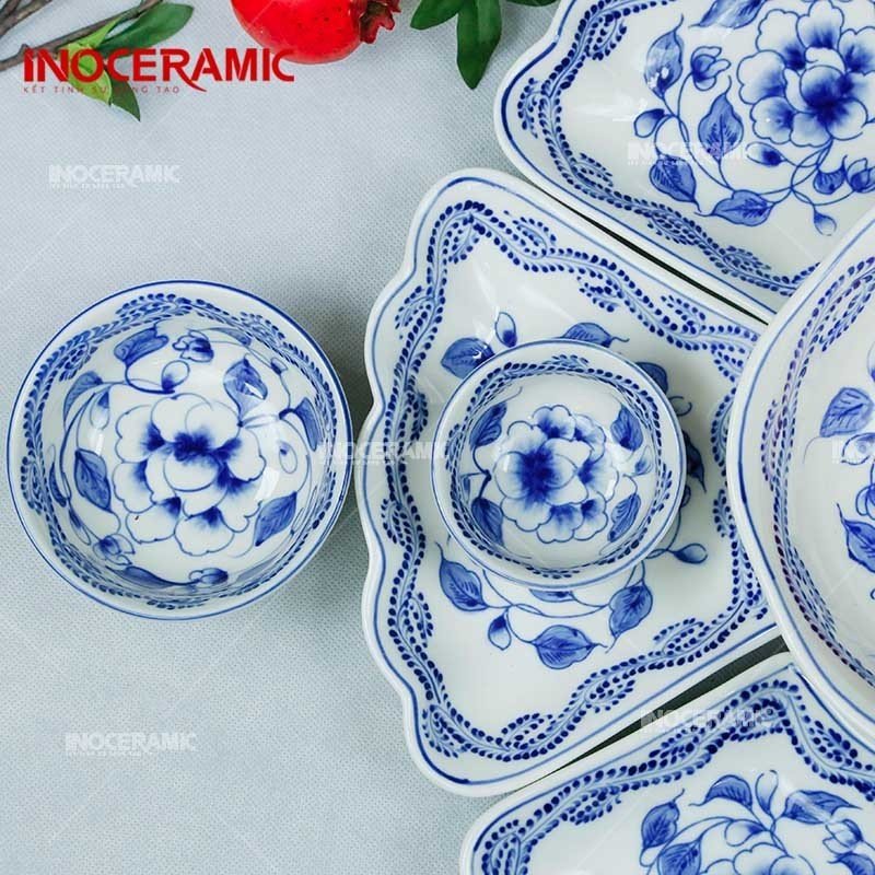 Bộ Hoa Mặt Trời Hoa Phù Dung Xanh -  Bộ bát đĩa gốm sứ Bát Tràng