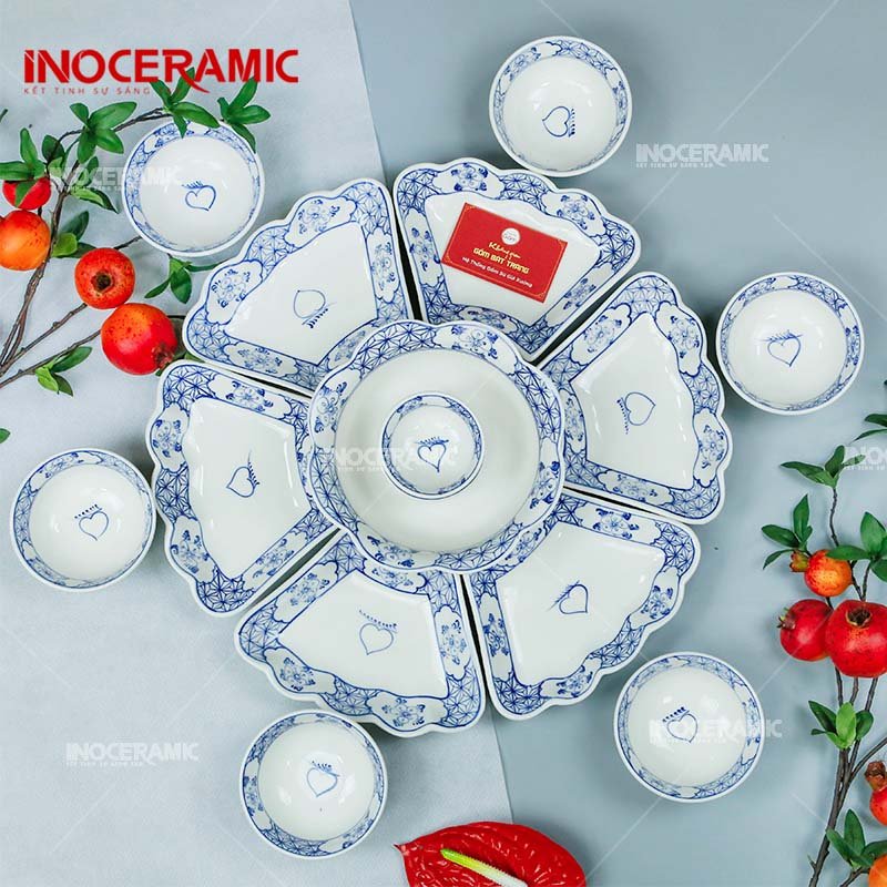 Bộ Hoa Mặt Trời Vẽ Quả Đào Bé - Bộ bát đĩa gốm sứ Bát Tràng