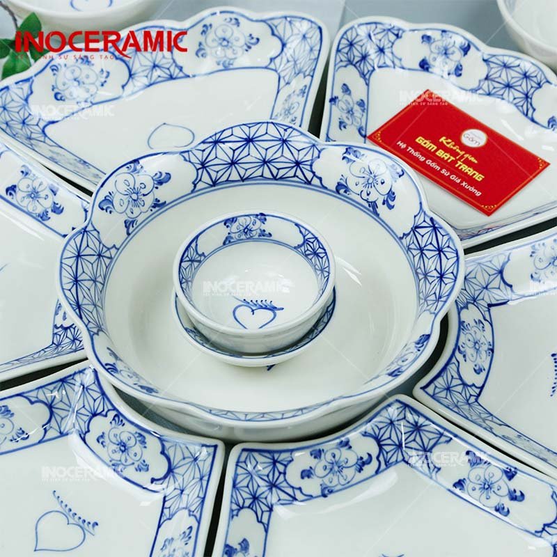 Bộ Hoa Mặt Trời Vẽ Quả Đào Bé - Bộ bát đĩa gốm sứ Bát Tràng