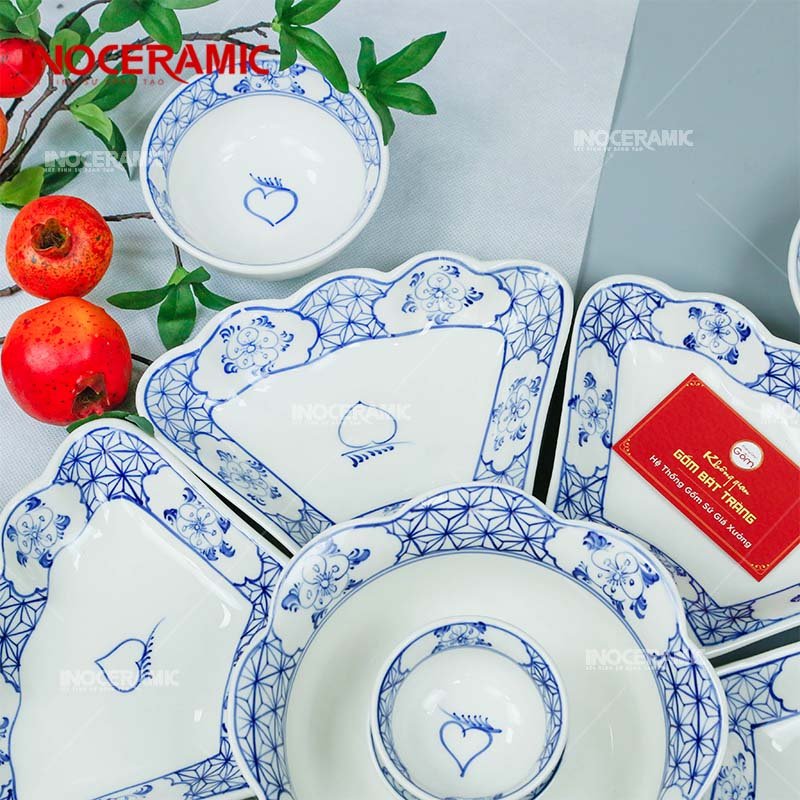 Bộ Hoa Mặt Trời Vẽ Quả Đào Bé - Bộ bát đĩa gốm sứ Bát Tràng