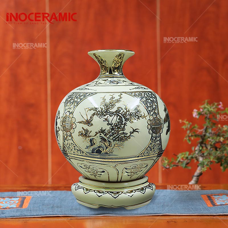 Bình Tứ Cảnh Chu Đậu Kẻ Vàng