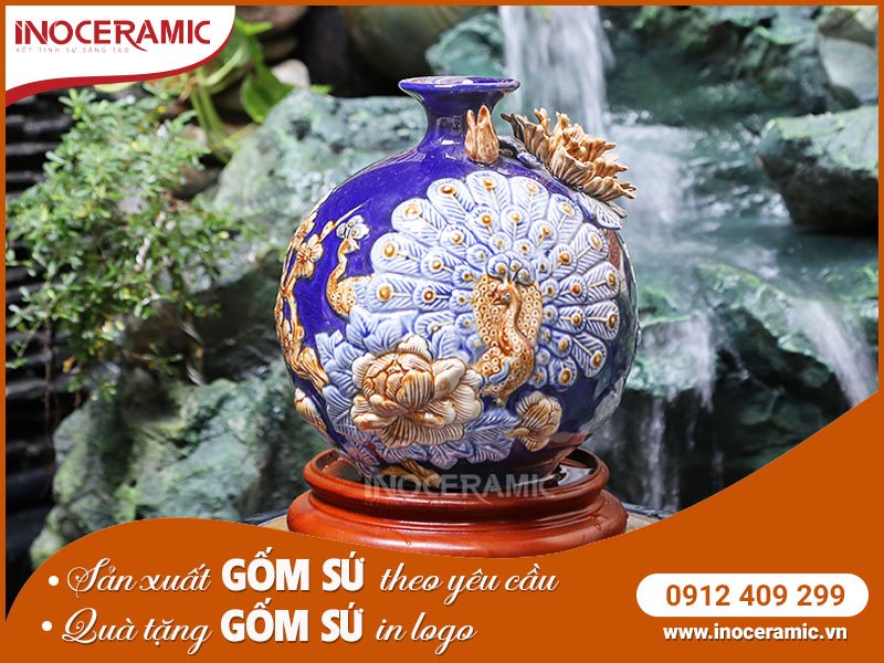 Bình Hút Lộc Công Đào Xanh Dương - Gốm sứ Bát Tràng