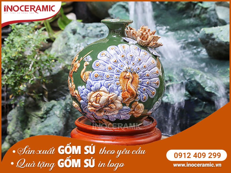 Bình Hút Lộc Công Đào Xanh Lục - Gốm sứ Bát Tràng