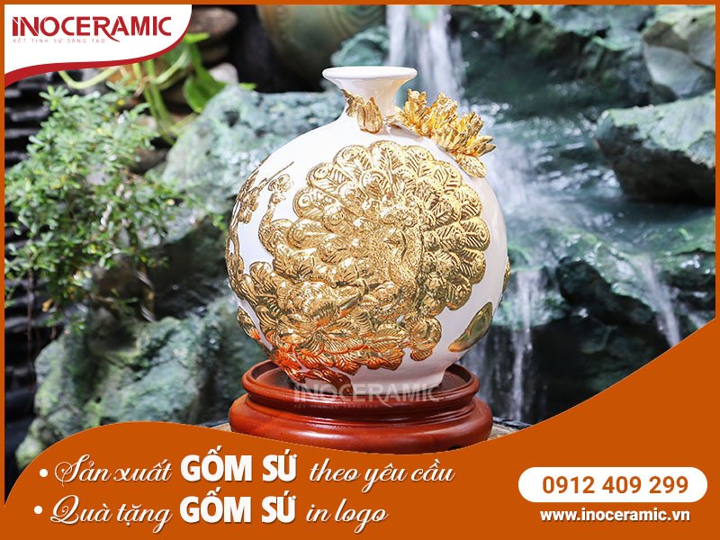 Bình Hút Lộc Dát Vàng Công Đào Trắng - Gốm sứ Bát Tràng