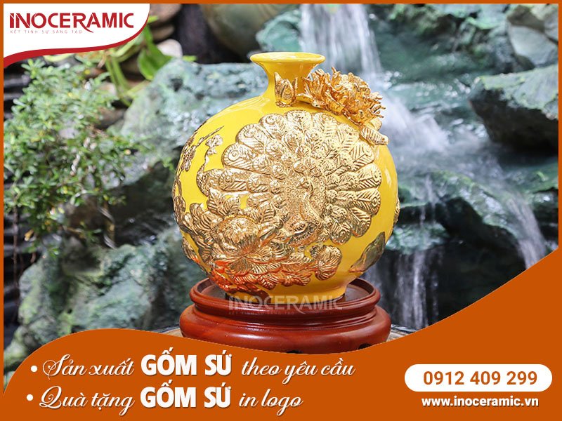 Bình Hút Lộc Dát Vàng Công Đào Vàng - Gốm sứ Bát Tràng