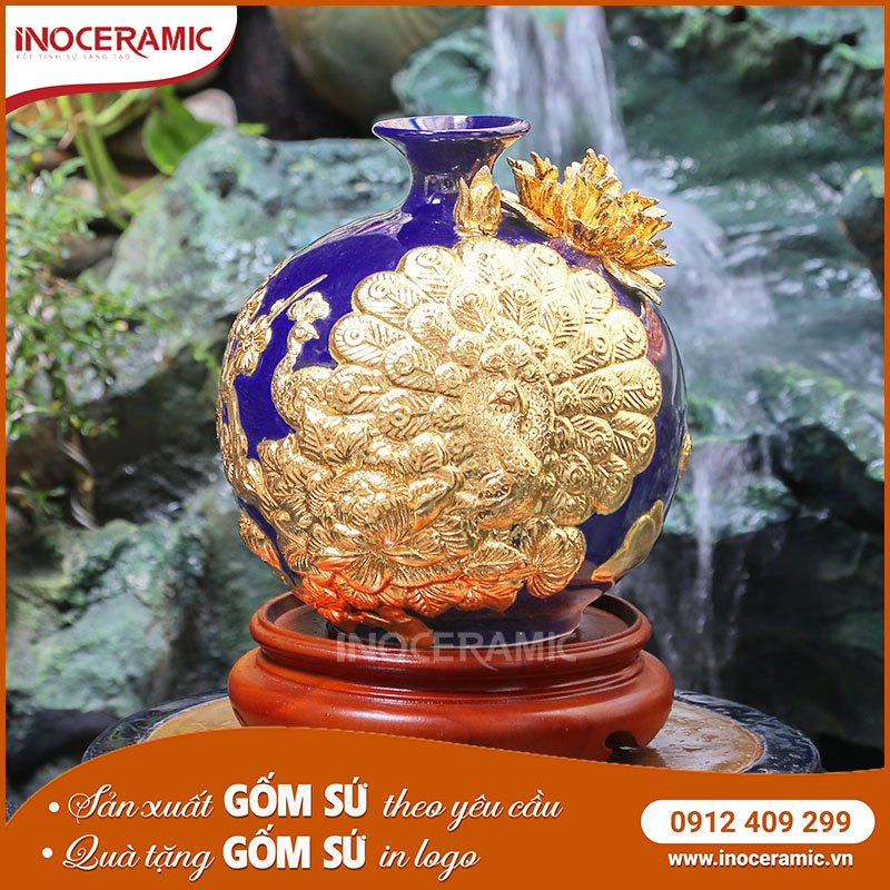 Bình Hút Lộc Dát Vàng Công Đào Xanh Dương