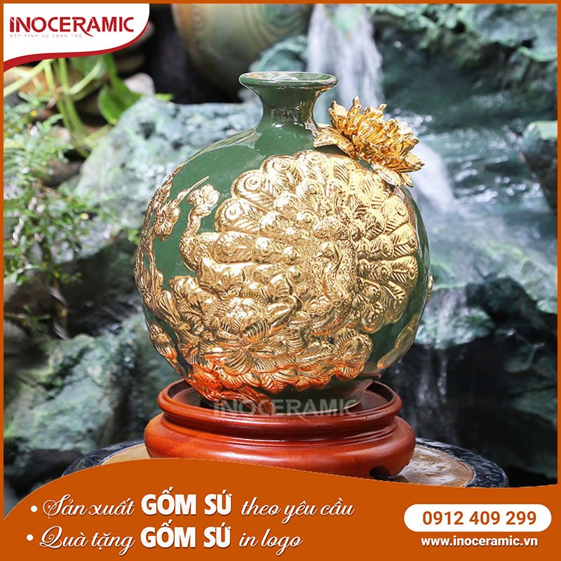 Bình Hút Lộc Dát Vàng Công Đào Xanh Lục