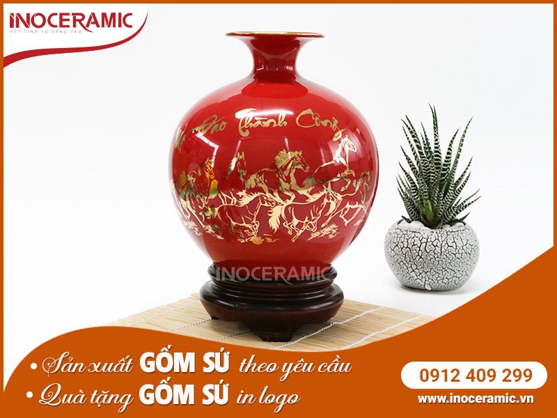 Bình Hút Lộc Mã Đáo Thành Công Đỏ Vẽ Vàng - Gốm sứ Bát Tràng