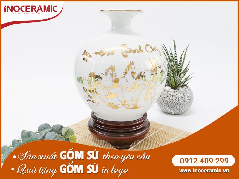 Bình Hút Lộc Mã Đáo Thành Công Trắng Vẽ Vàng - Gốm sứ Bát Tràng