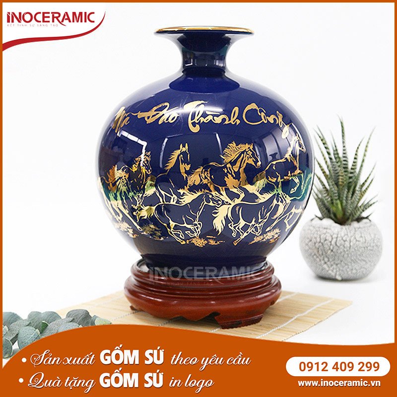 Bình Hút Lộc Mã Đáo Thành Công Xanh Dương Vẽ Vàng
