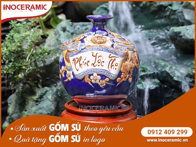 Bình Hút Lộc Phúc Lộc Thọ Xanh Dương - Gốm sứ Bát Tràng