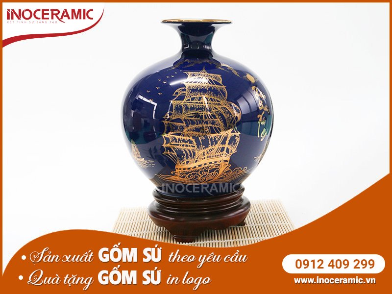 Bình Hút Lộc Thuận Buồm Xuôi Gió Xanh Dương Vẽ Vàng - Gốm sứ Bát Tràng