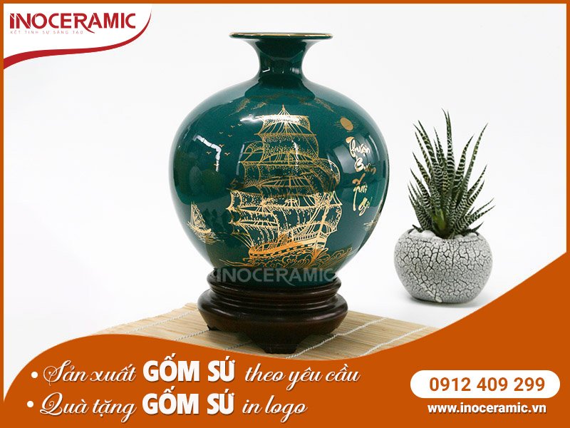 Bình Hút Lộc Thuận Buồm Xuôi Gió Xanh Lục Vẽ Vàng