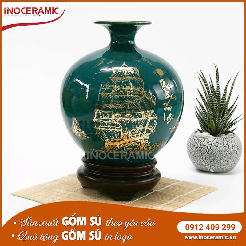 Bình Hút Lộc Thuận Buồm Xuôi Gió Xanh Lục Vẽ Vàng