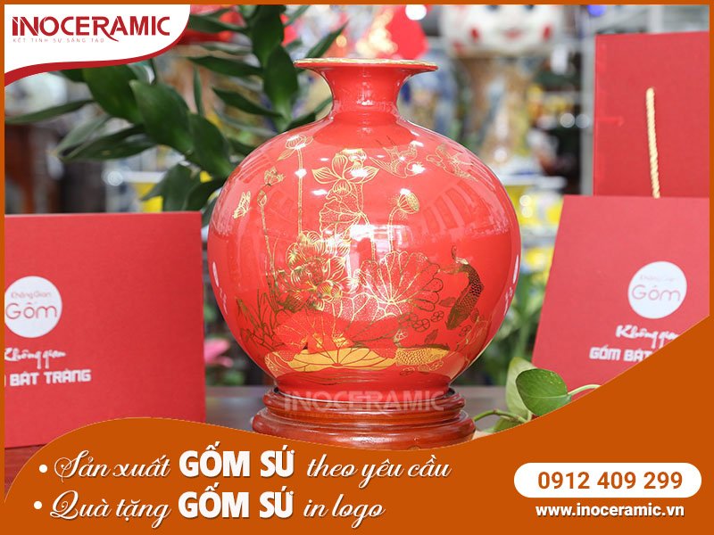 Bình Hút Lộc Vẽ Vàng Hoa Sen Đỏ - Gốm sứ Bát Tràng