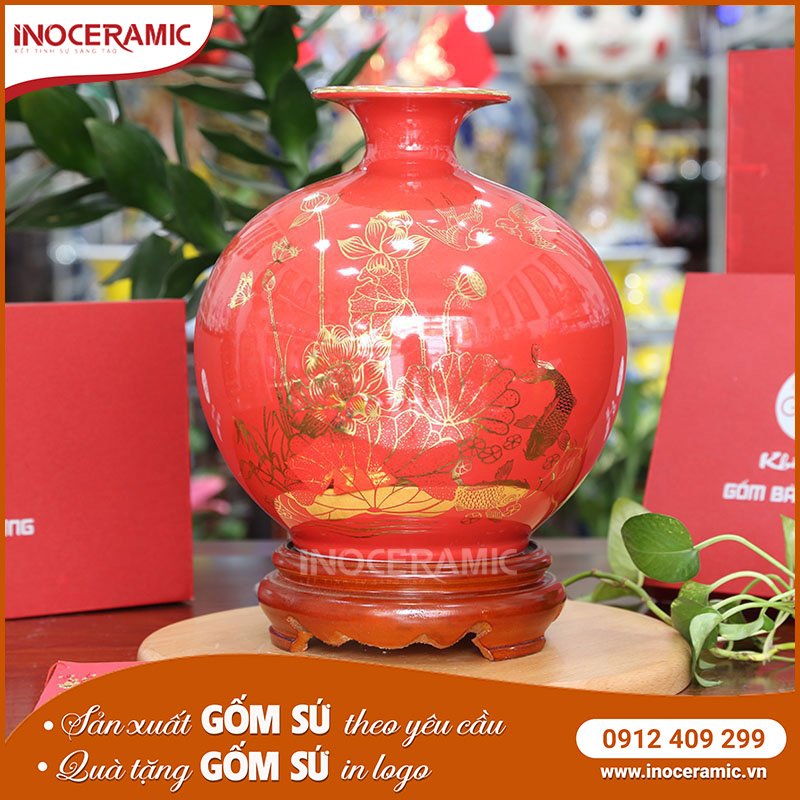 Bình Hút Lộc Vẽ Vàng Hoa Sen Đỏ