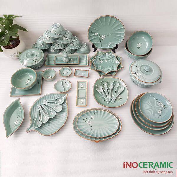 Bộ Bát Dĩa Hoa Đào Xanh