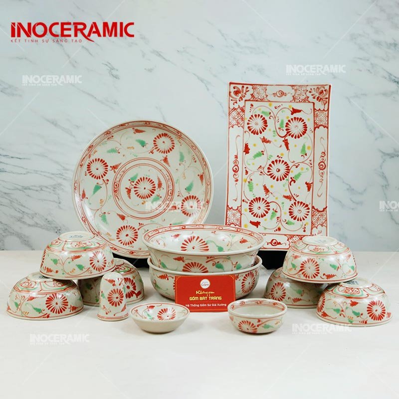 Bộ Bát Đĩa Men Rạn Cúc Đỏ