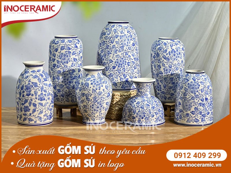 Bộ bình hoa men lam Bát Tràng - Lọ hoa decor giá tốt tại TPHCM