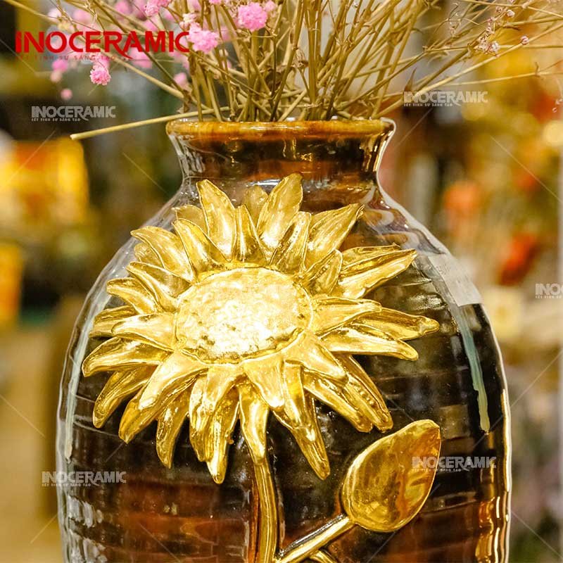 Vò Cổ Thắt Dát Vàng - Lọ hoa bằng gốm sứ