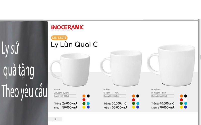 Mẫu ly sứ trắng dáng lùn quai chữ C bóng mịn chuyên dụng in ấn logo