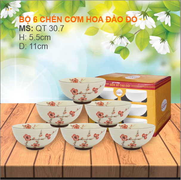 Bộ 6 Bát Cơm Đào Đỏ