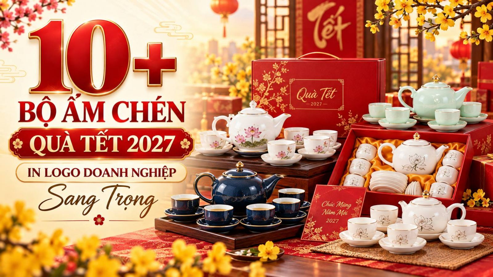 10+ Bộ Ấm Chén Quà Tết 2027 In Logo Doanh Nghiệp Sang Trọng