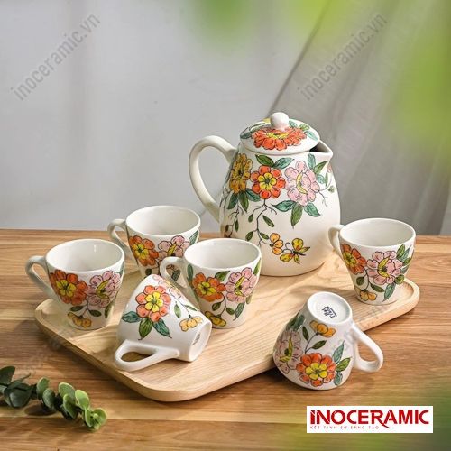 Bộ bình nước vẽ tay gốm sứ Bát Tràng họa tiết hoa sen vẽ tay tinh xảo