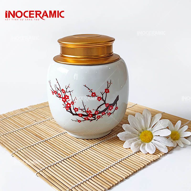 Hộp lọ đựng trà gốm sứ cao cấp men trắng hoa đào làm quà tặng in logo