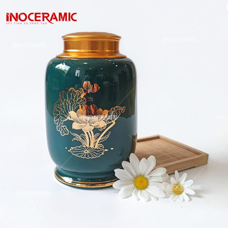 Lọ đựng chè men xanh cổ vịt sen vàng vẽ tay tinh xảo chính sỉ