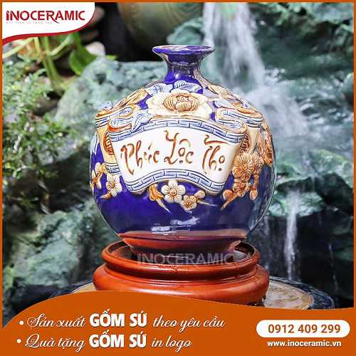 Set bình hút lộc quà tặng gốm sứ Bát Tràng tráng men bóng mịn đắp nổi thủ công