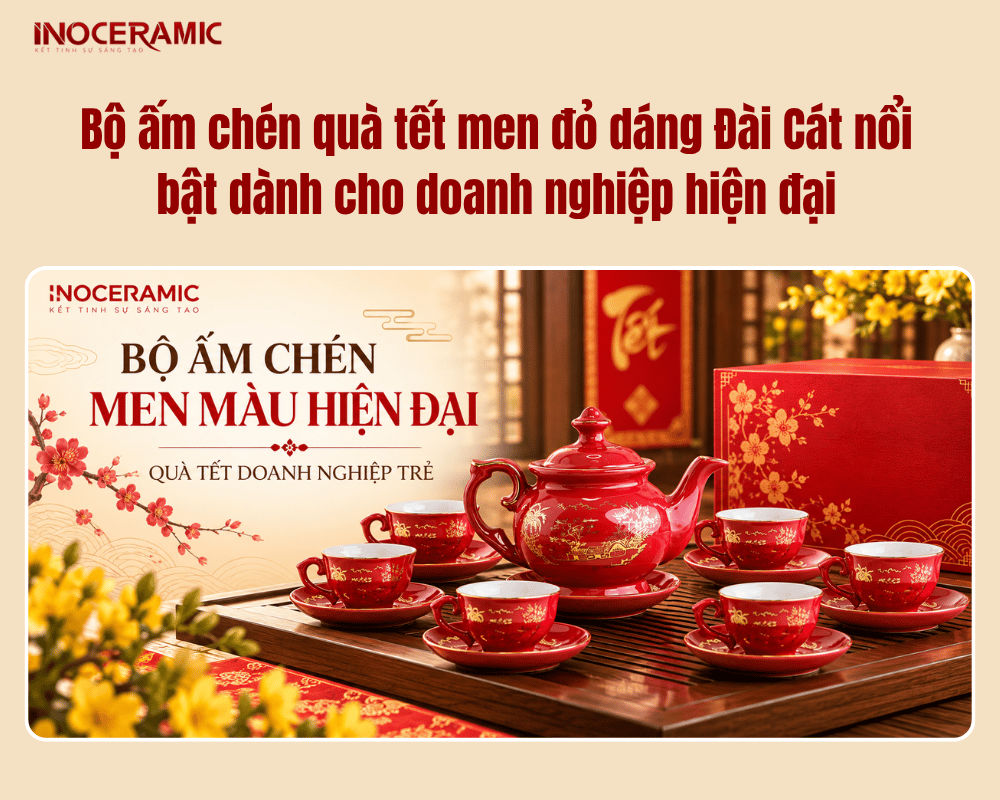 Bộ ấm chén quà tết men đỏ dáng Đài Cát nổi bật dành cho doanh nghiệp hiện đại