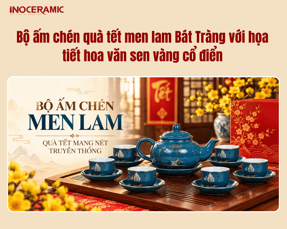 Bộ ấm chén quà tết men lam Bát Tràng với họa tiết hoa văn sen vàng cổ điển
