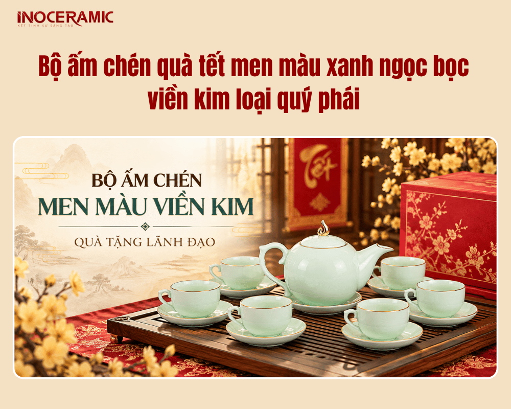 Bộ ấm chén quà tết men màu xanh ngọc bọc viền kim loại quý phái