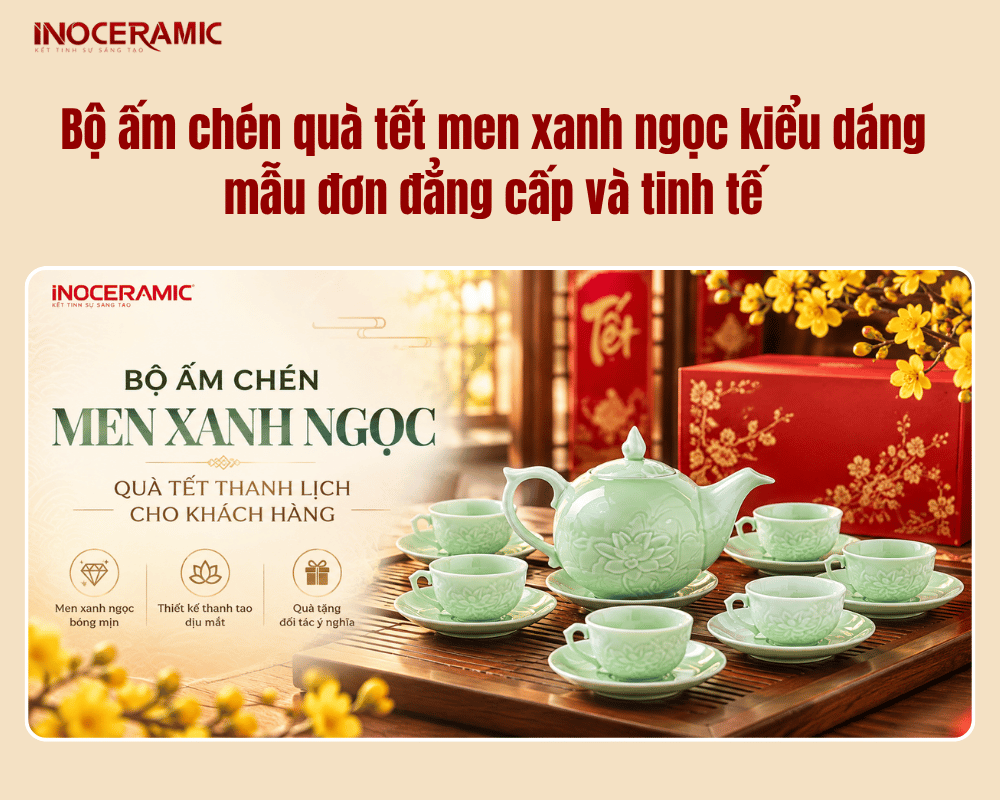 Bộ ấm chén quà tết men xanh ngọc kiểu dáng mẫu đơn đẳng cấp và tinh tế